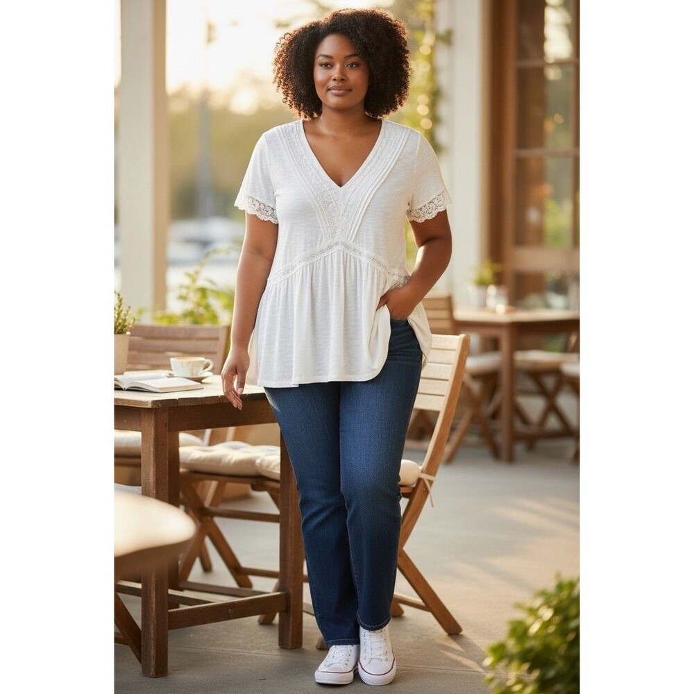 Torrid Size 1 White Lace Trim Peplum Babydoll Blouse Short Sleeve Boho Cottage